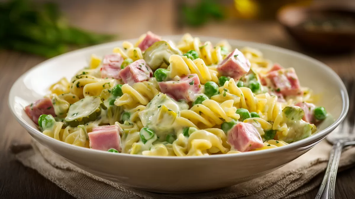Marcos cremiger Nudelsalat mit Schinken und Erbsen