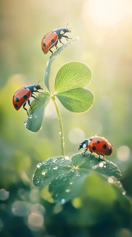 Marienkäfer auf grünem Kleeblatt mit Morgentau