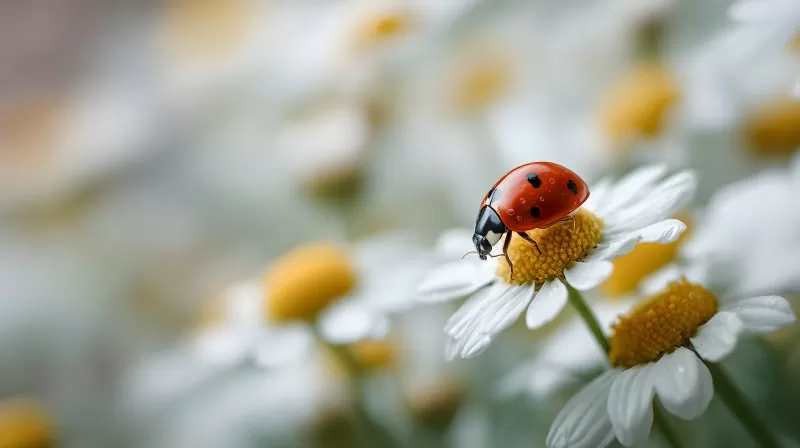 Marienkäfer auf Kamillenblüte im Frühling aus nächster Nähe
