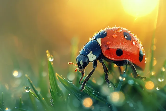 Marienkäfer im Morgentau - Nahaufnahme
