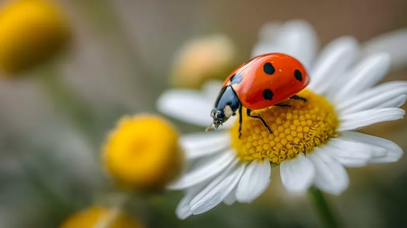 Marienkäfer sitzt auf gelber Kamillenmitte im Fokus