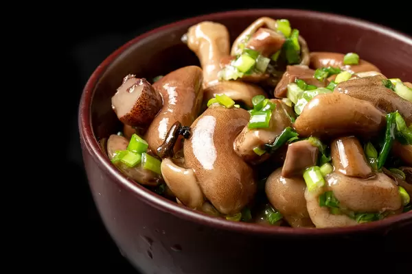 Marinated wild mushrooms with green onions, close-up