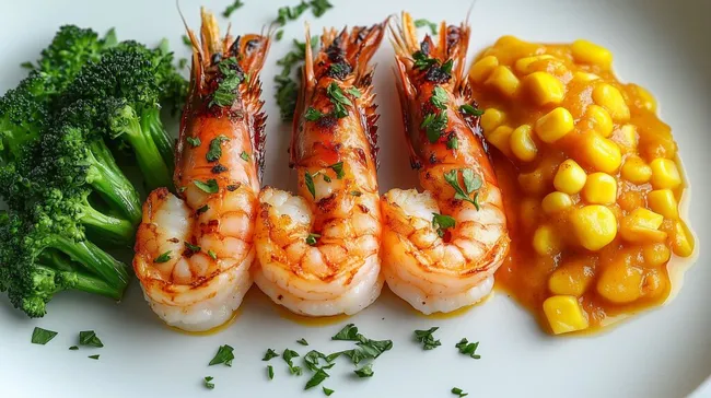 Marinierte Garnelen mit Brokkoli und Mais auf Teller