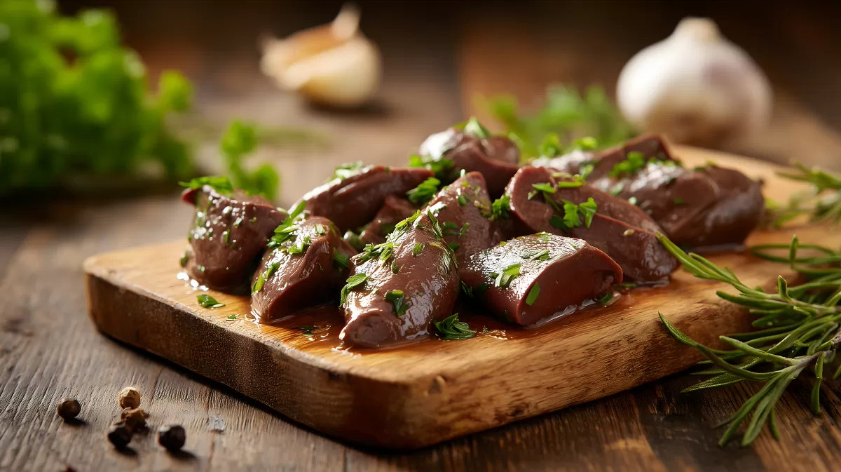 Marinierte Rinderleber mit Kräutern auf Holzbrett