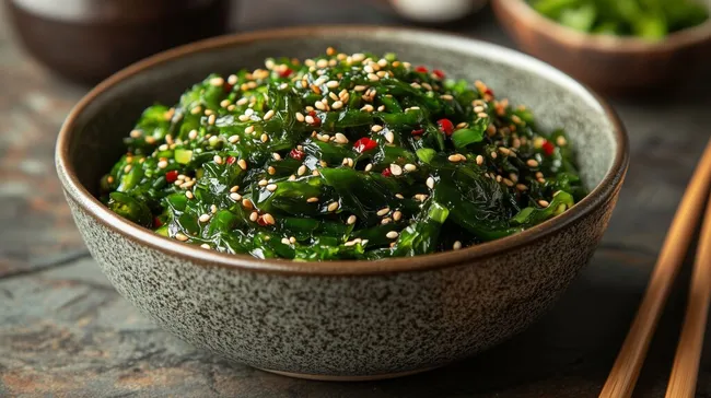 Marinierter Wakame-Seetang-Salat mit Sesam und Chili