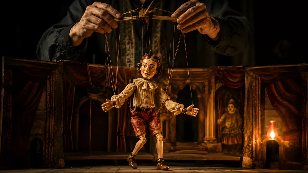 Marionette auf einer historischen Puppenbühne