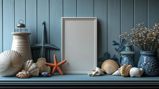 Maritimes Dekostillleben mit Muscheln und Rahmen