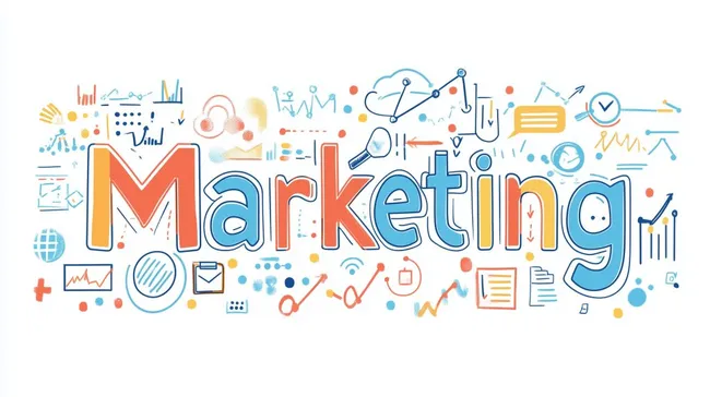 Marketing-Konzept mit bunten Symbolen und Diagrammen