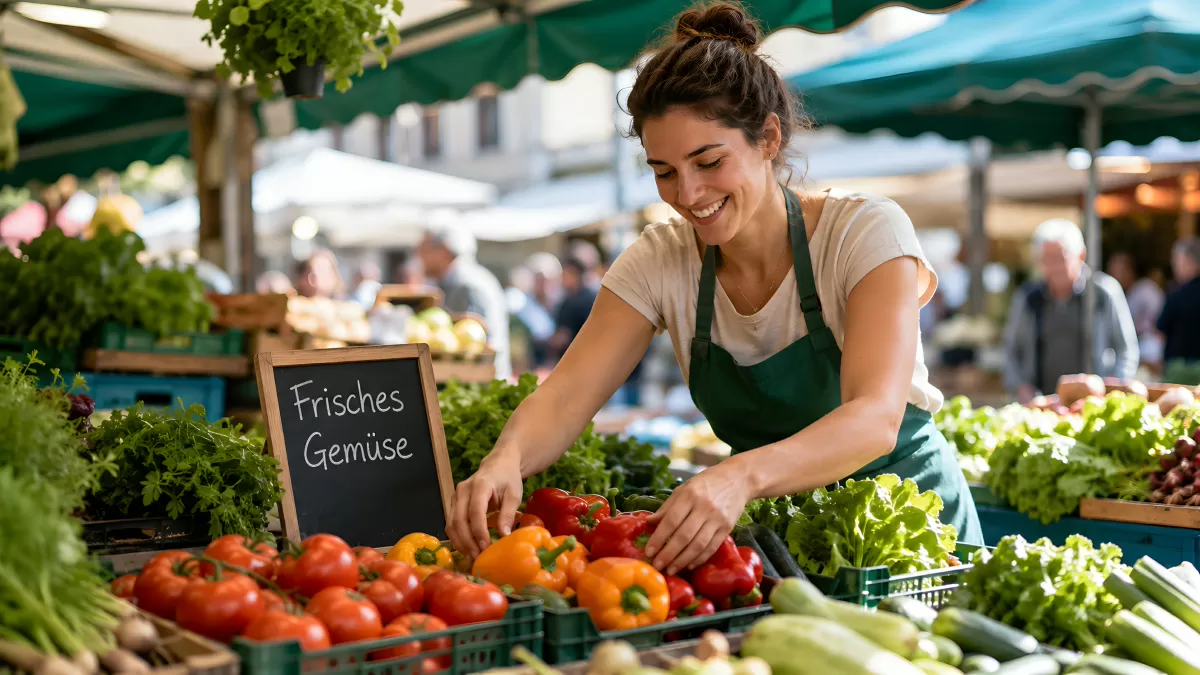 Marktverkäuferin arrangiert frisches Gemüse am Stand