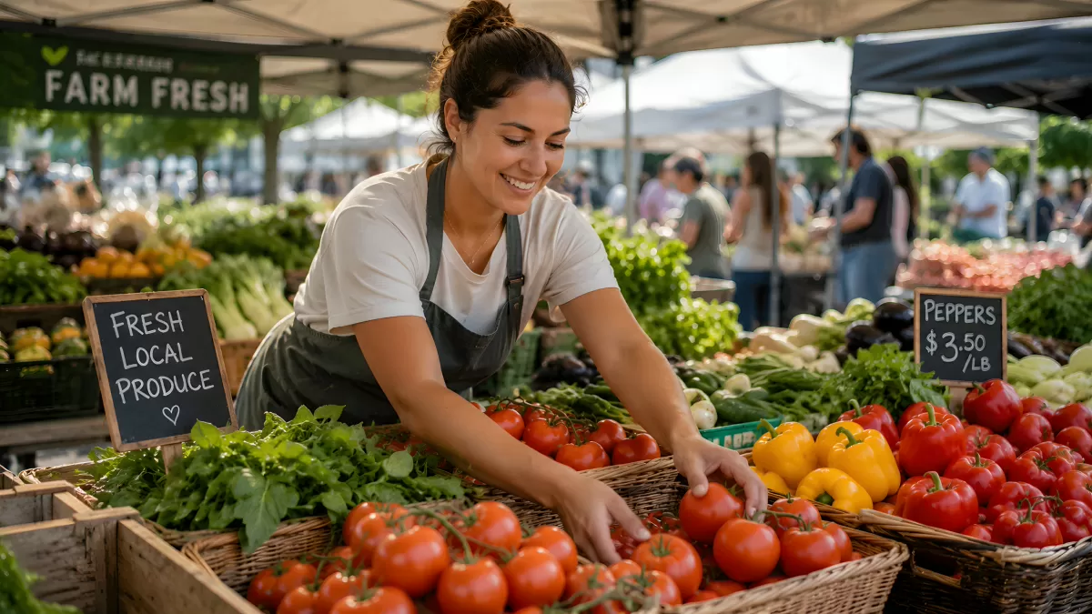 Marktverkäuferin arrangiert Tomaten auf Wochenmarkt