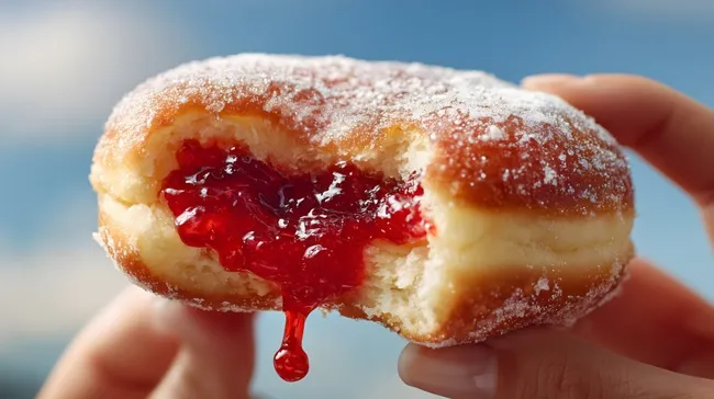 Marmeladengefüllter Berliner mit Puderzuckerglasur
