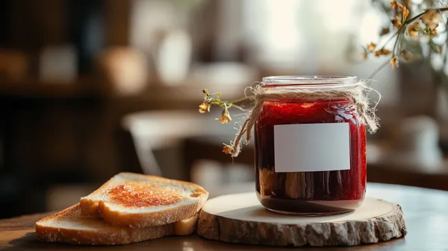 Marmeladenglas mit Etikett auf rustikalem Frühstückstisch