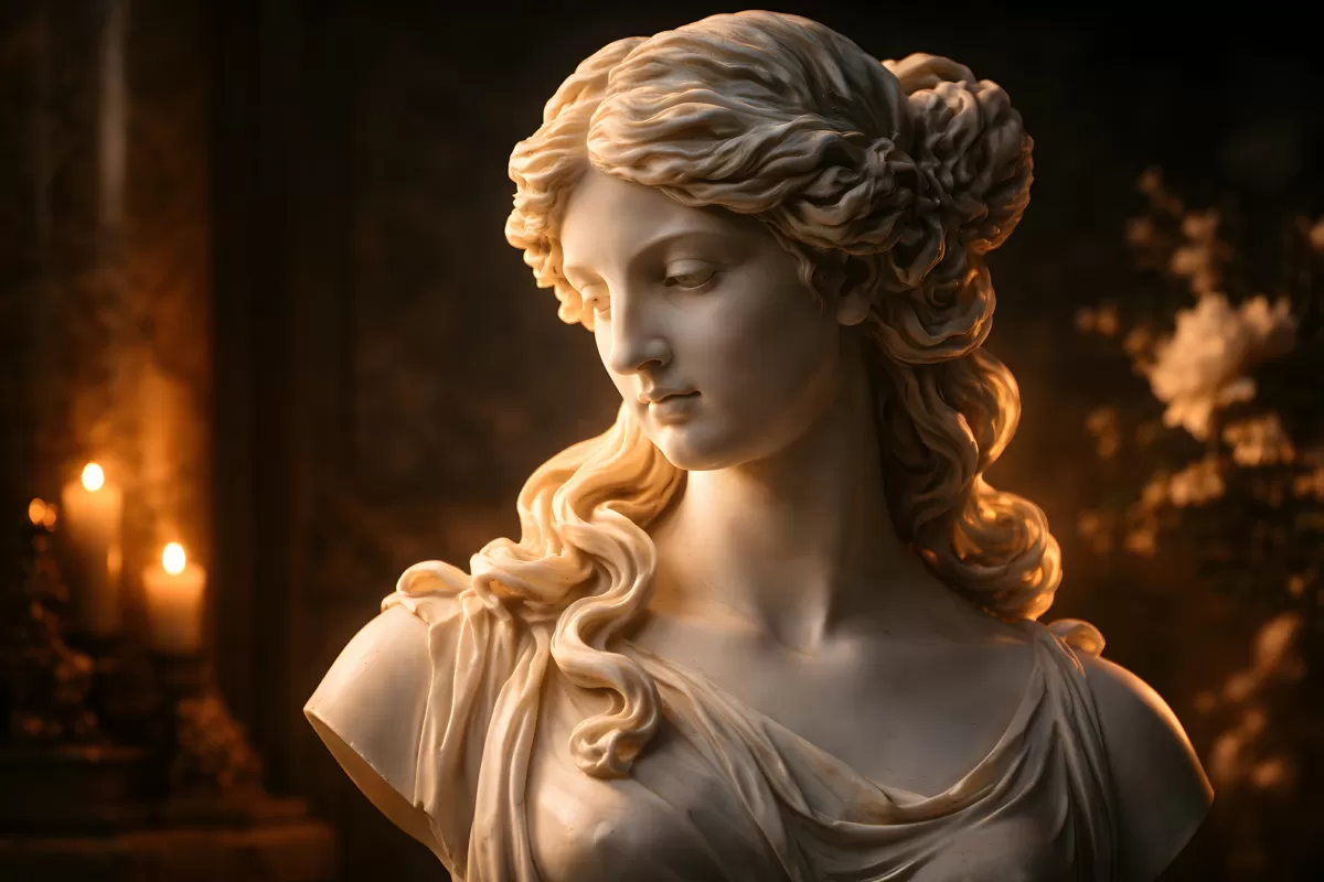 Marmorbüste einer Göttin im Kerzenlicht