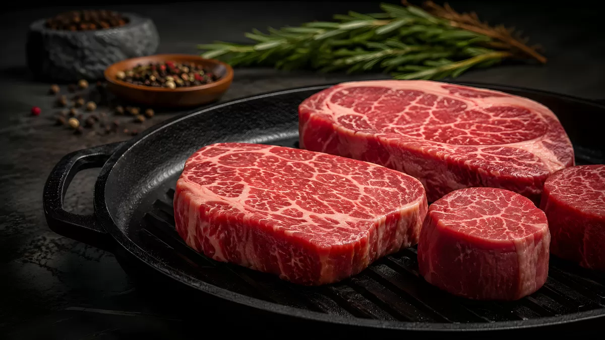 Marmoriertes Wagyu-Rindfleisch roh auf Grillpfanne