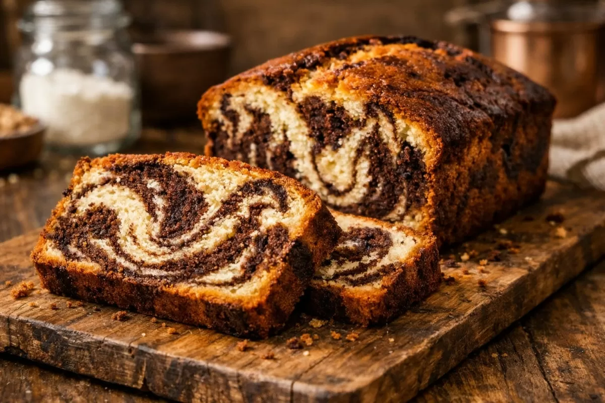 Marmorkuchen in Scheiben auf rustikalem Holzbrett