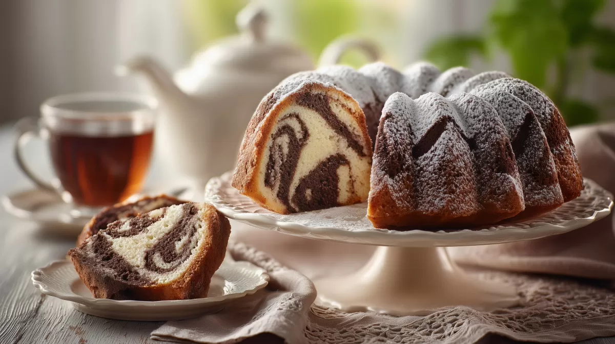 Marmorkuchen mit Puderzucker auf weißer Tortenplatte