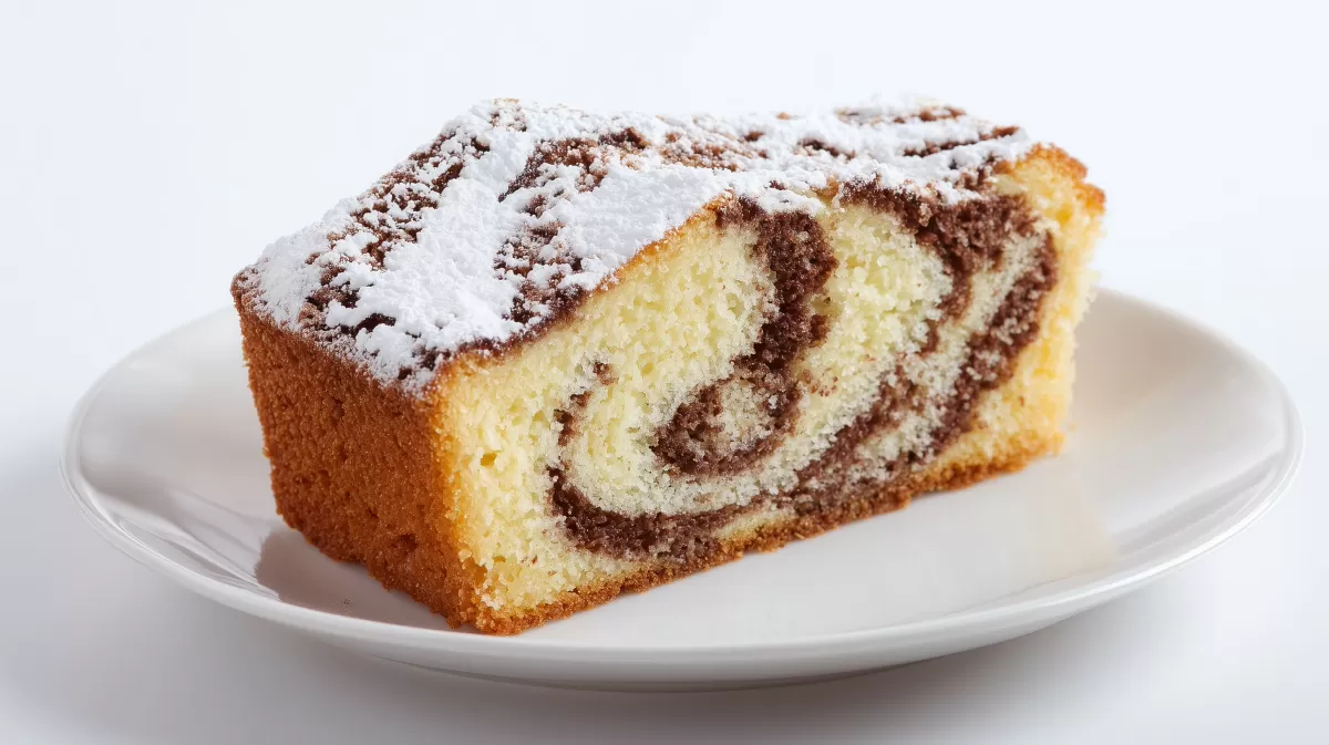 Marmorkuchen Scheibe mit Puderzucker auf Teller