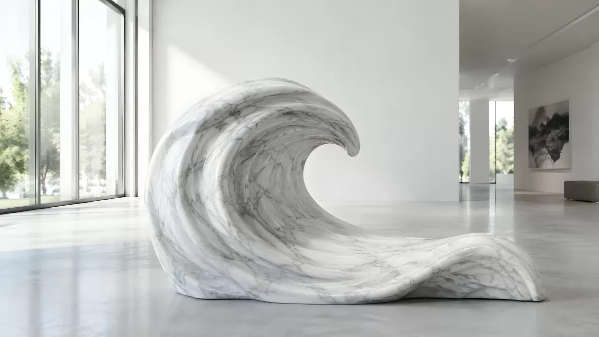 Marmorskulptur einer Welle in modernem Galerieraum