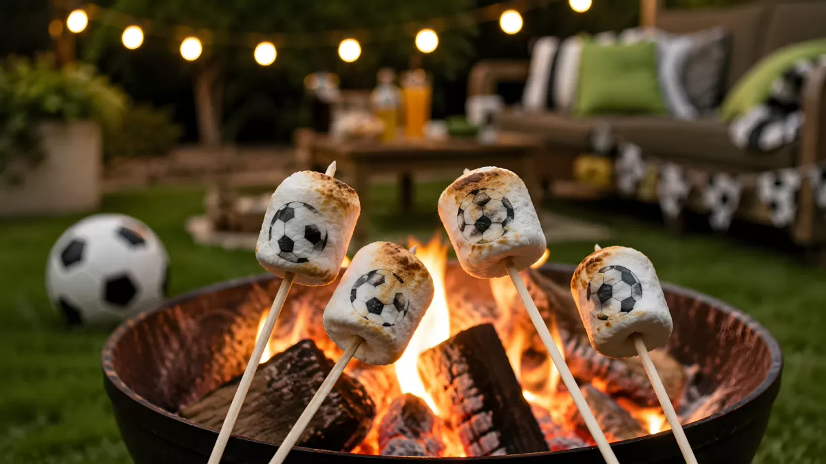Marshmallows mit Fußball-Motiv am Lagerfeuer im Garten
