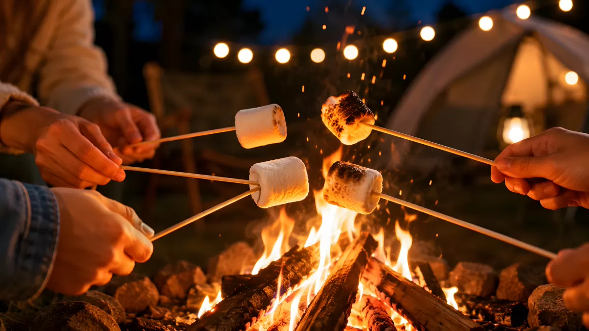 Marshmallows rösten am Lagerfeuer beim Camping