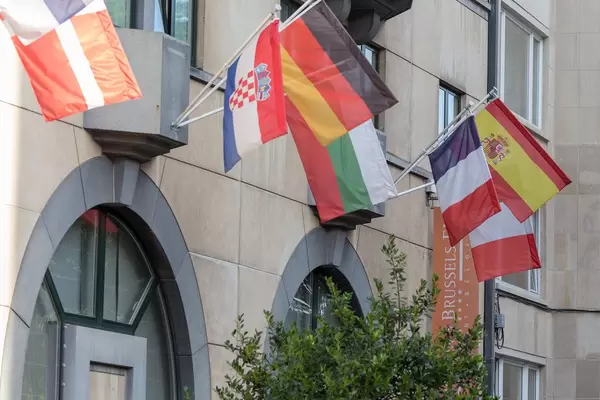 Martins Central Park hotel with colorful flags in Brussels, Belgium