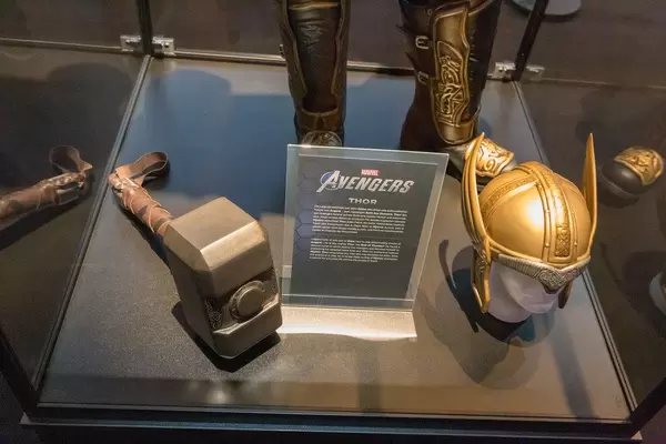 Marvel Avengers Thor costume with hammer and golden helmet, exhibited at the German games fair Gamescom in Cologne