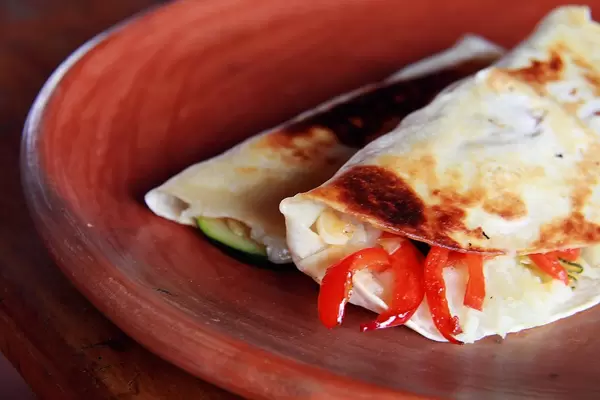 Mashed Potato Quesadillas with zucchini and red bell peppers