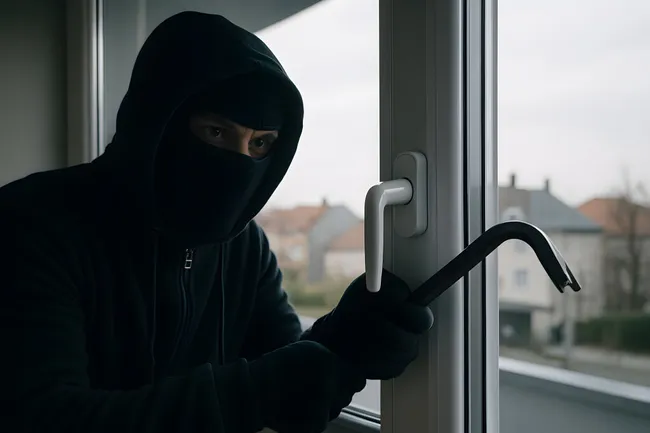 Maskierter Einbrecher beim Fensteraufbruch