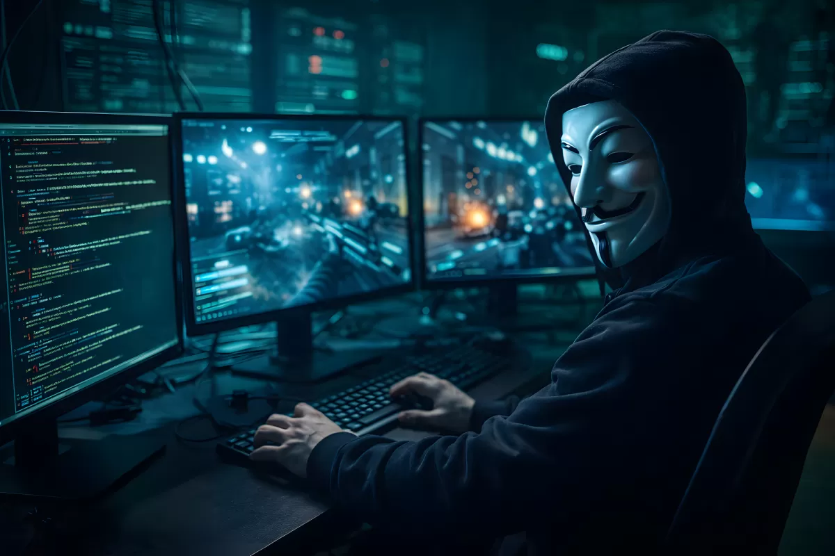 Maskierter Hacker mit Guy-Fawkes-Maske am Computer