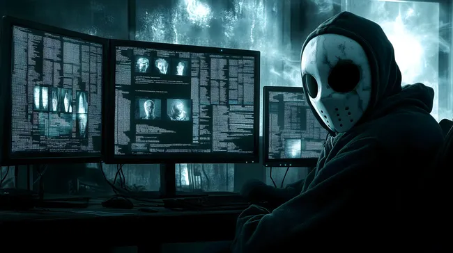 Maskierter Hacker unter Überwachung in grünem Technologieszenario