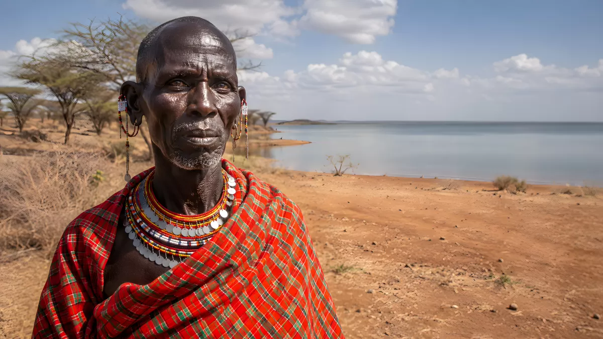 Massai-Ältester in rotem Shuka am Seeufer Ostafrikas — Bild kostenlos herunterladen