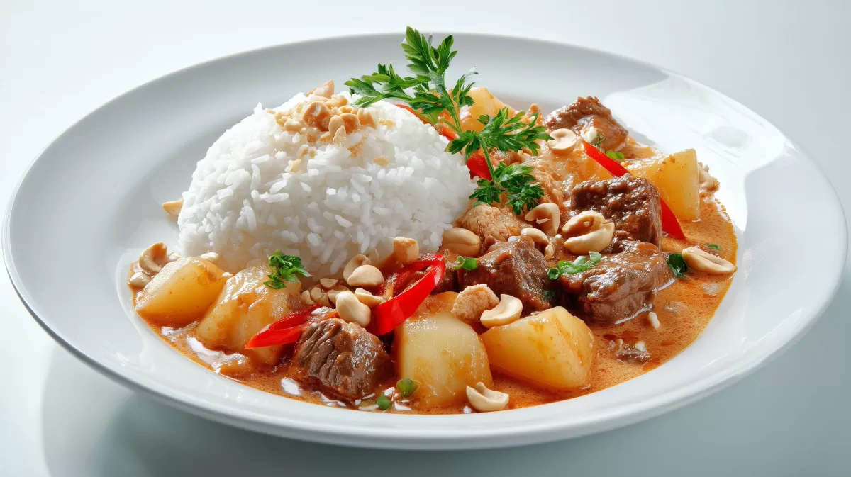 Massaman Curry mit Rind, Kartoffeln und Jasminreis