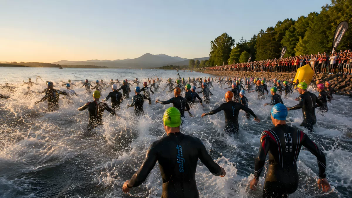Massenstart beim Triathlon am frühen Morgen