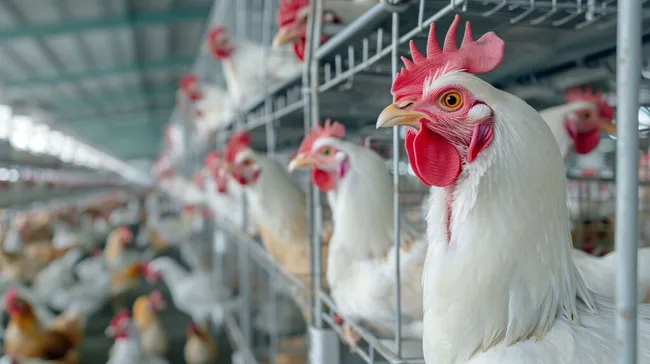 Massentierhaltung von Hühnern in engen Käfigen