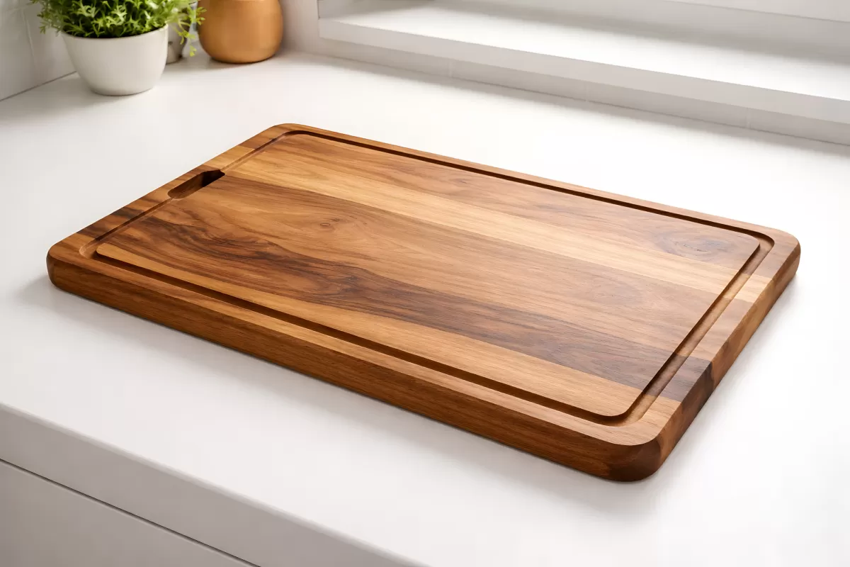 Massives Holzschneidebrett mit Saftrille auf Küchentheke