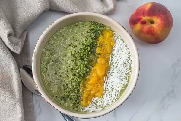 Matcha and Peach Oatmeal with Coconut