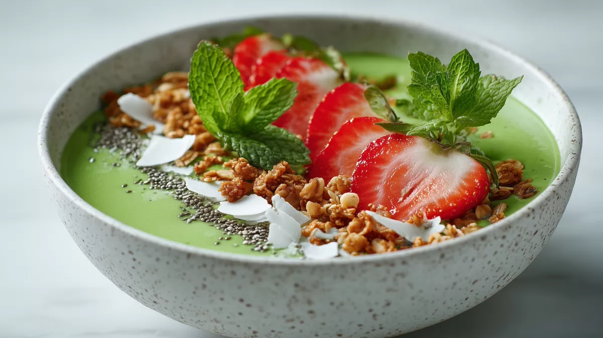 Matcha Bowl mit Erdbeeren und Granola garniert