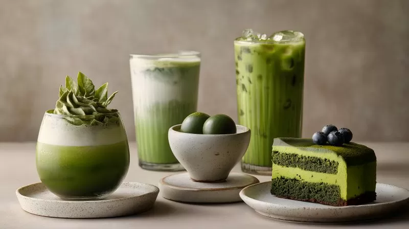 Matcha Desserts und Getränke mit Sahne und Beeren