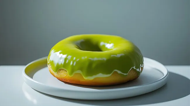 Matcha-Donut mit glänzender Glasur auf weißem Teller