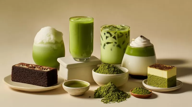 Matcha Getränke und Kuchen auf beigem Hintergrund