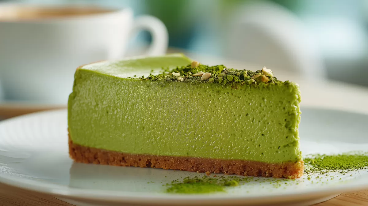Matcha Käsekuchen Stück mit Keksboden auf Teller