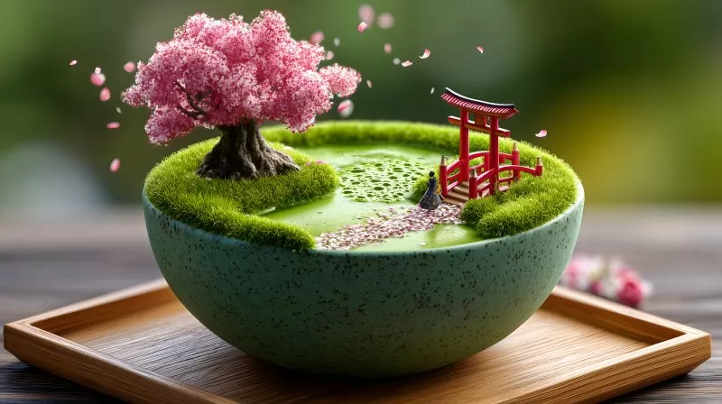 Matcha landscape bowl with cherry blossom and torii