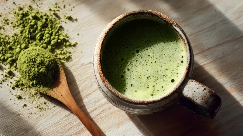 Matcha Latte mit grünem Pulver auf Holztisch