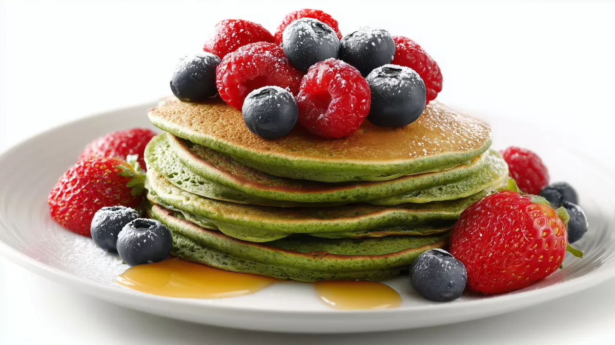 Matcha Pancakes mit Beeren foo auf weißem Teller