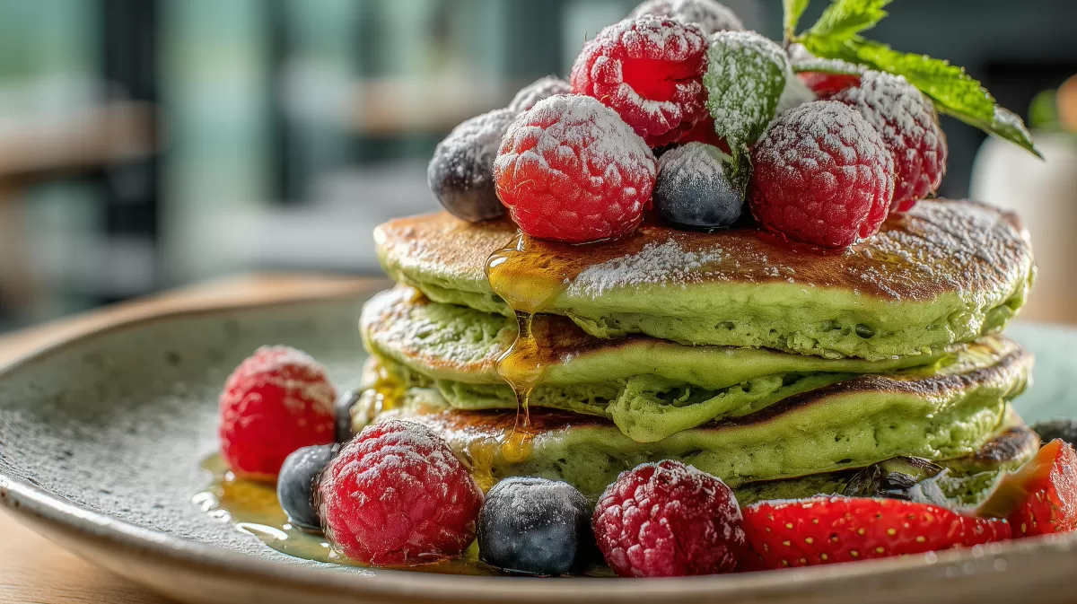 Matcha Pancakes mit Beeren foo und Ahornsirup