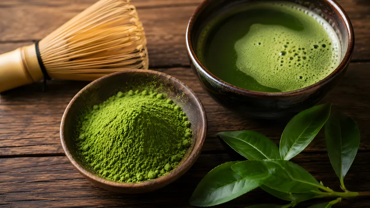 Matcha-Pulver in Holzschale mit Tee und Bambusbesen