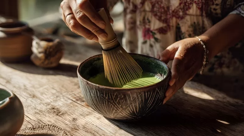 Matcha Tee wird mit Bambusbesen in Keramikschale zubereitet