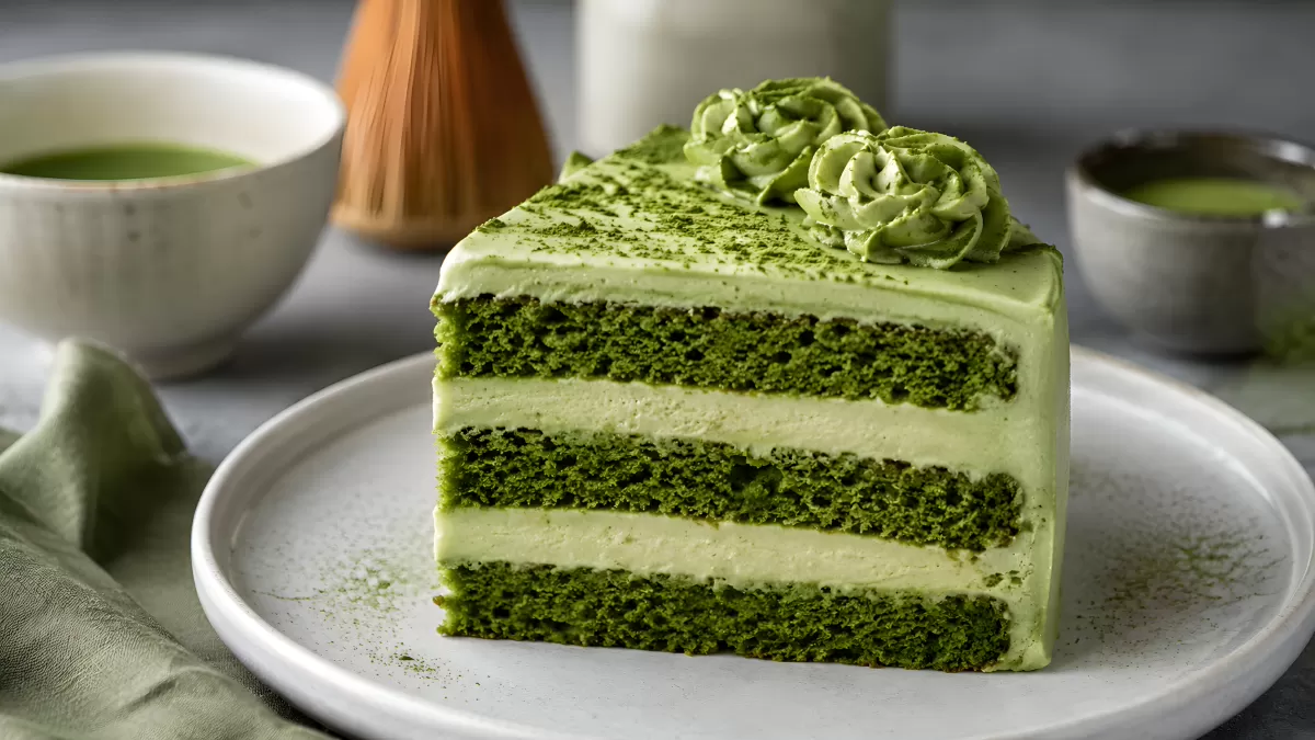 Matcha-Torte mit cremigen Schichten auf Teller