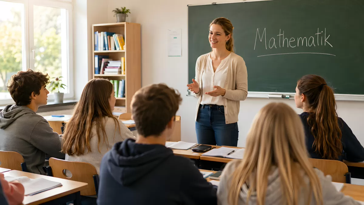 Mathematiklehrerin erklärt Schülern an der Tafel
