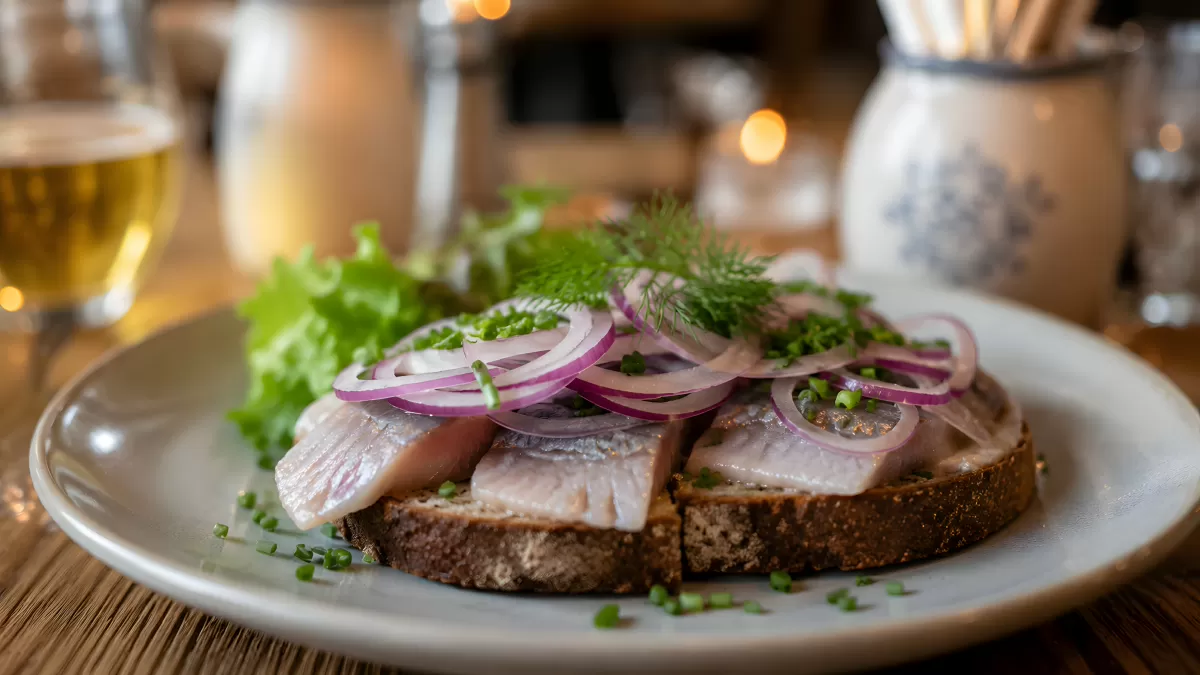Matjeshering auf Schwarzbrot mit roten Zwiebeln